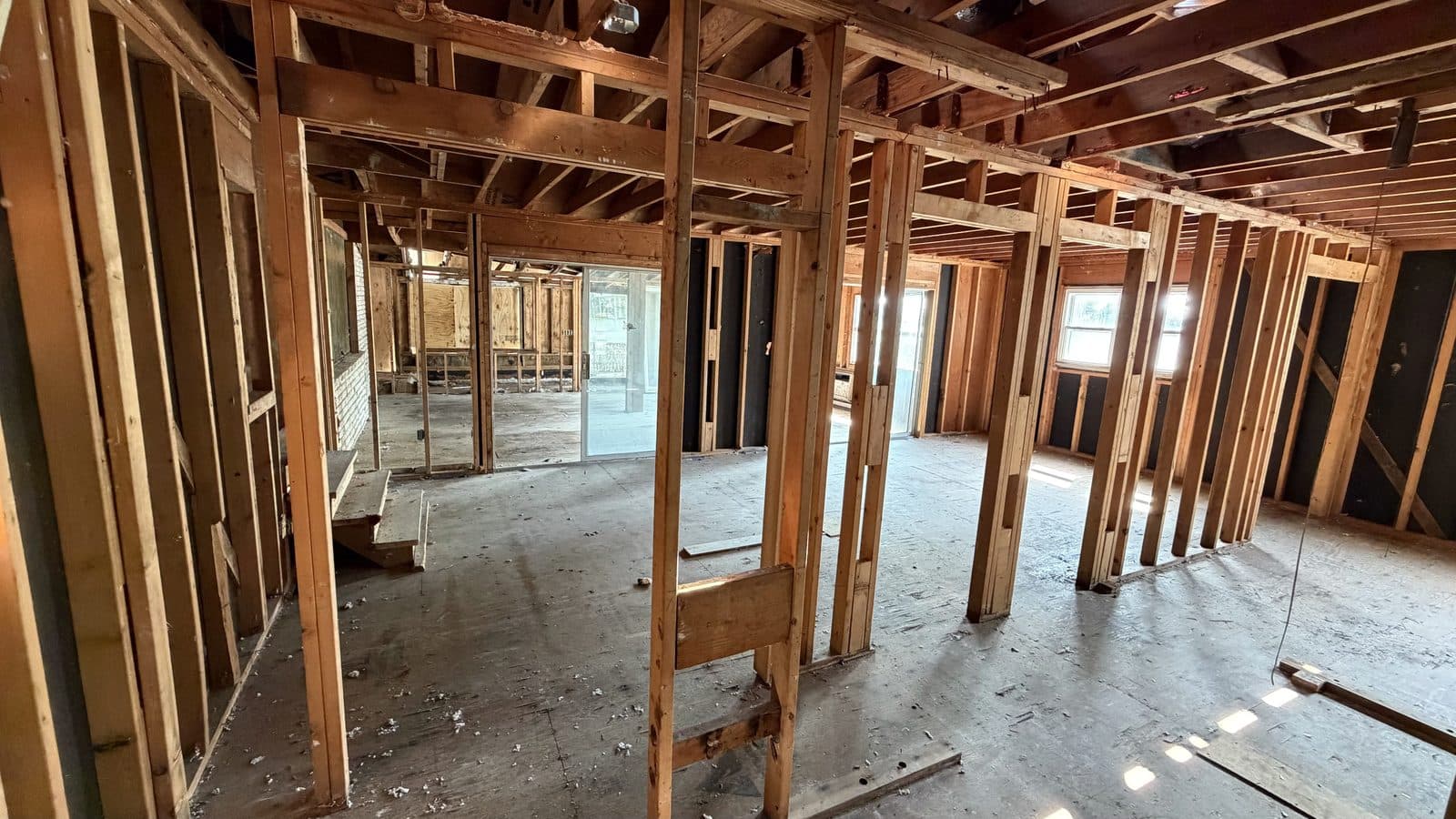 Interior of 1254 Washington Drive stripped to exposed framing