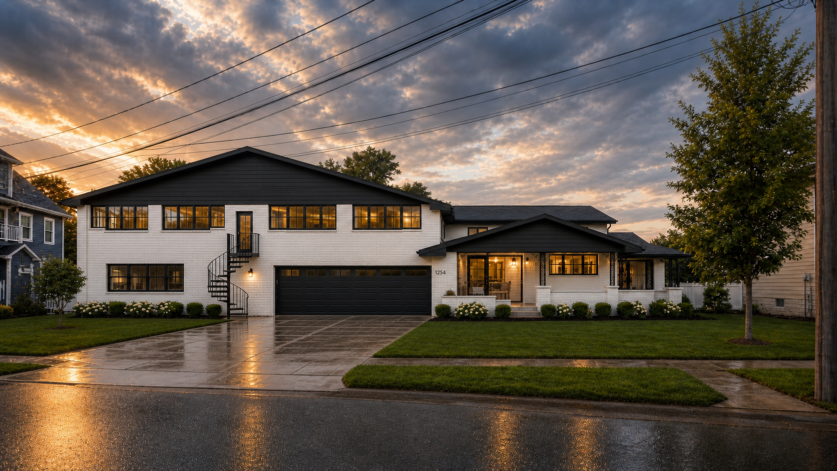 Renovated 1254 Washington Drive exterior at sunset